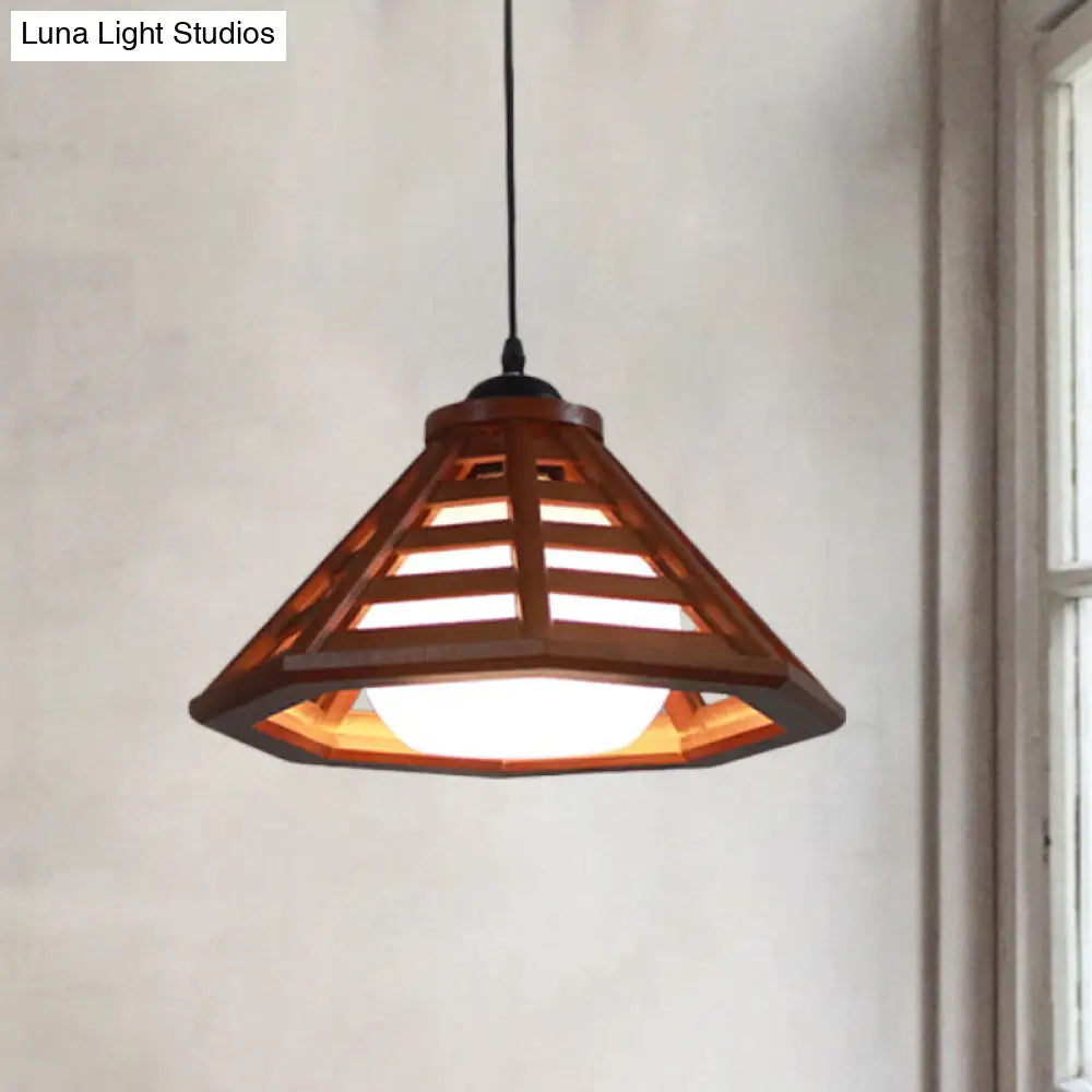 Country Wood Cone Ceiling Pendant Light - Beige/Red Brown 13/19.5 Wide 1 Restaurant Suspension Lamp