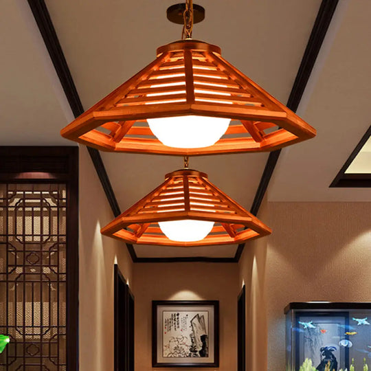 Country Wood Cone Ceiling Pendant Light - Beige/Red Brown 13/19.5 Wide 1 Restaurant Suspension Lamp