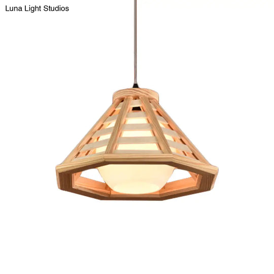 Country Wood Cone Ceiling Pendant Light - Beige/Red Brown 13/19.5 Wide 1 Restaurant Suspension Lamp