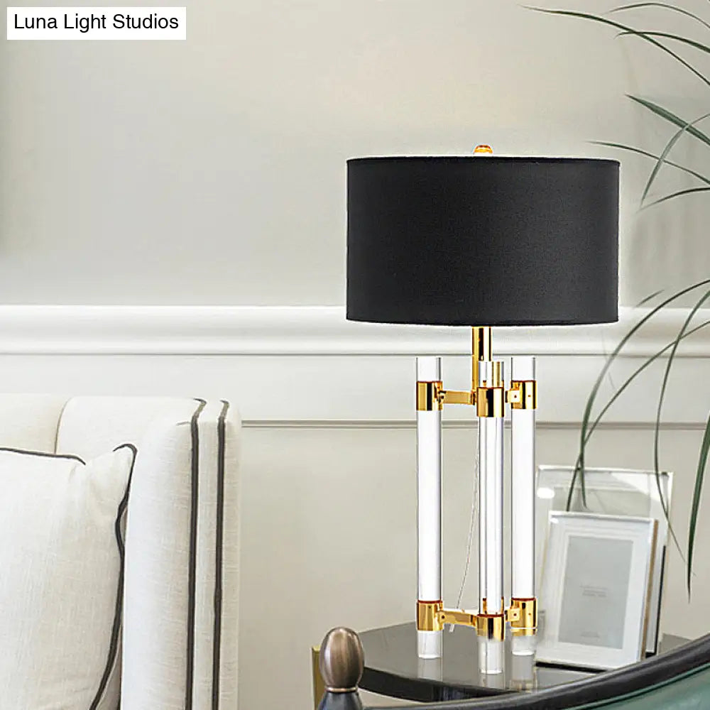 Countryside 1-Light Black Drum Fabric Table Lamp With Crystal Rod - Perfect For Bedroom Night