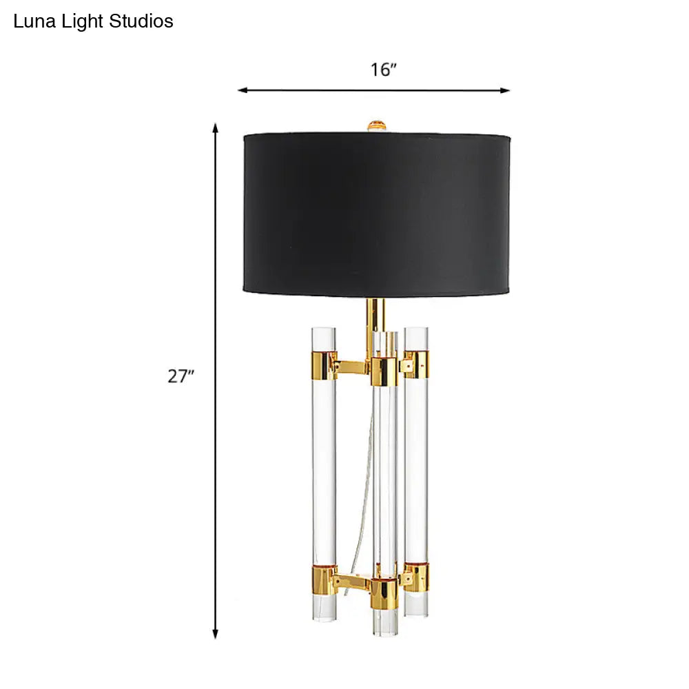 Countryside 1-Light Black Drum Fabric Table Lamp With Crystal Rod - Perfect For Bedroom Night