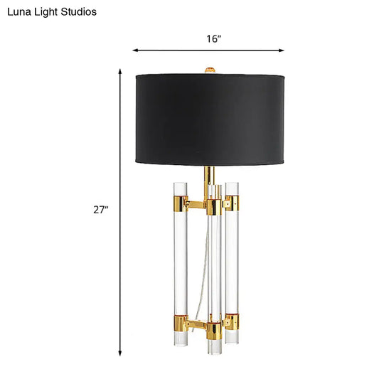 Countryside 1-Light Black Drum Fabric Table Lamp With Crystal Rod - Perfect For Bedroom Night