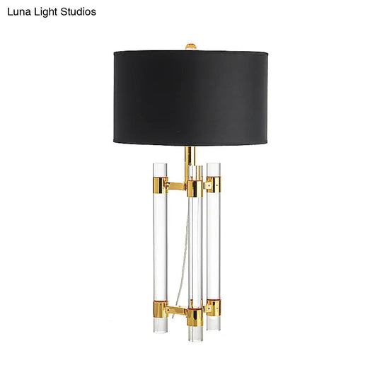 Countryside 1-Light Black Drum Fabric Table Lamp With Crystal Rod - Perfect For Bedroom Night