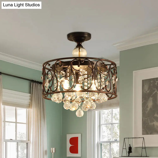 Countryside 3-Head Iron Cylinder Ceiling Light Fixture: Bedroom Semi Flushmount Lamp In Rust With