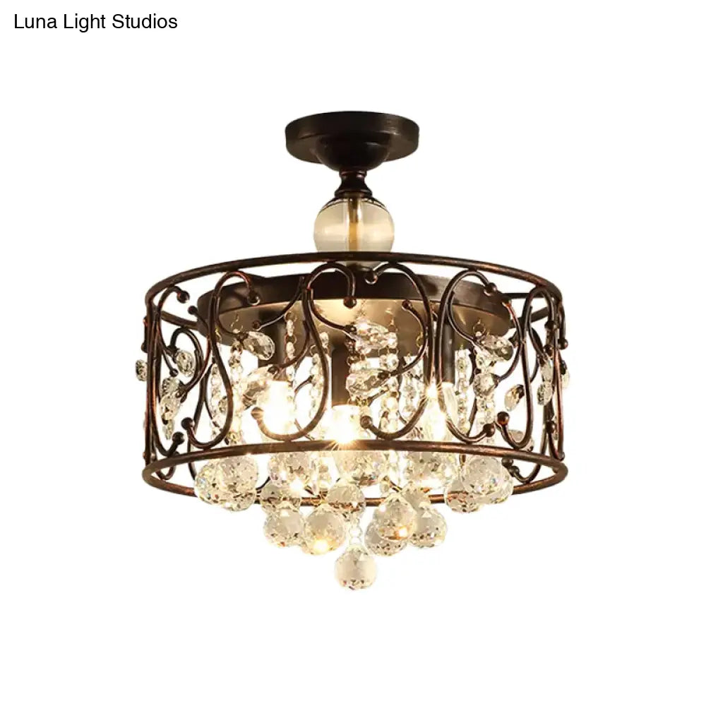 Countryside 3-Head Iron Cylinder Ceiling Light Fixture: Bedroom Semi Flushmount Lamp In Rust With