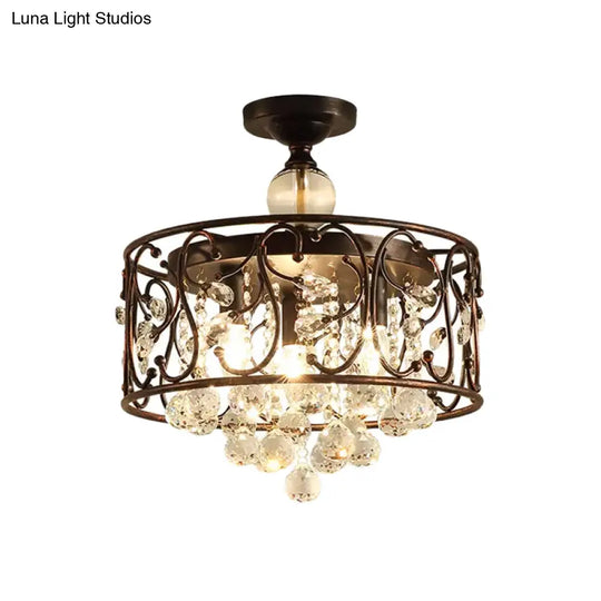 Countryside 3-Head Iron Cylinder Ceiling Light Fixture: Bedroom Semi Flushmount Lamp In Rust With