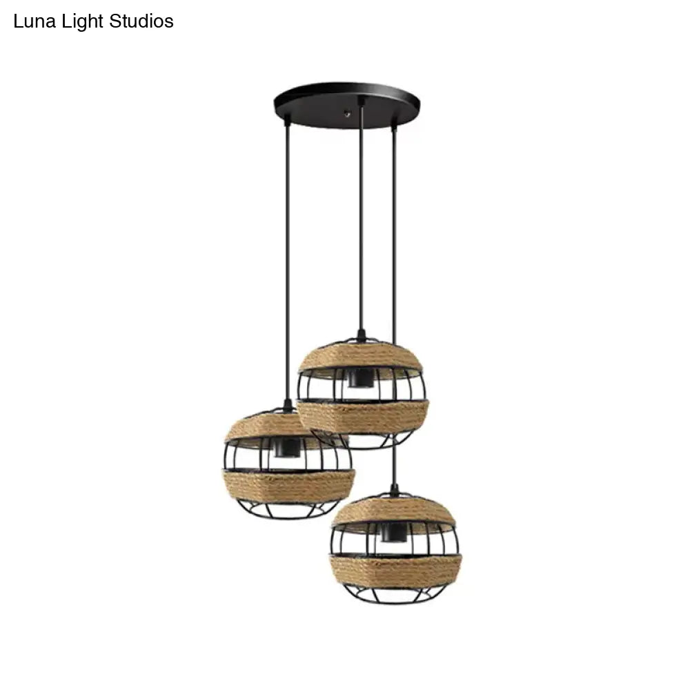 3-Light Jute Rope Pendant Lamp With Countryside Charm For Open Kitchen Ceiling In Brown / Round