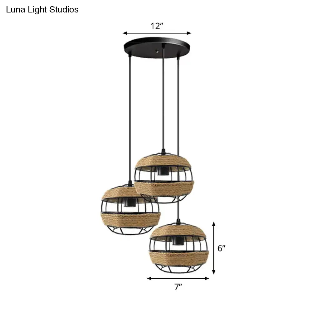 3-Light Jute Rope Pendant Lamp With Countryside Charm For Open Kitchen Ceiling In Brown