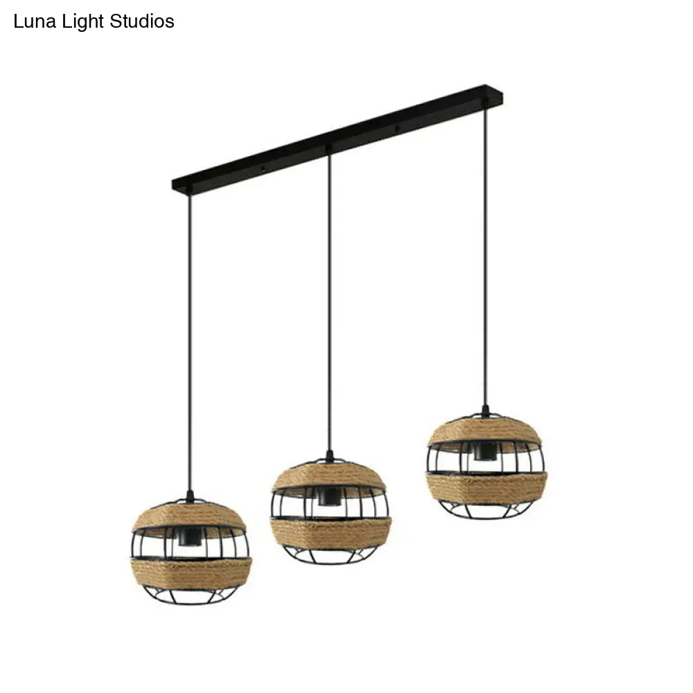 3-Light Jute Rope Pendant Lamp With Countryside Charm For Open Kitchen Ceiling In Brown / Linear