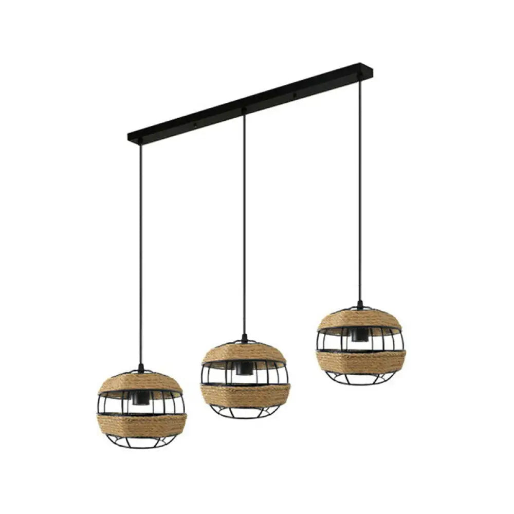 Countryside 3-Light Jute Rope Pendant Lamp For Open Kitchen Brown / Linear