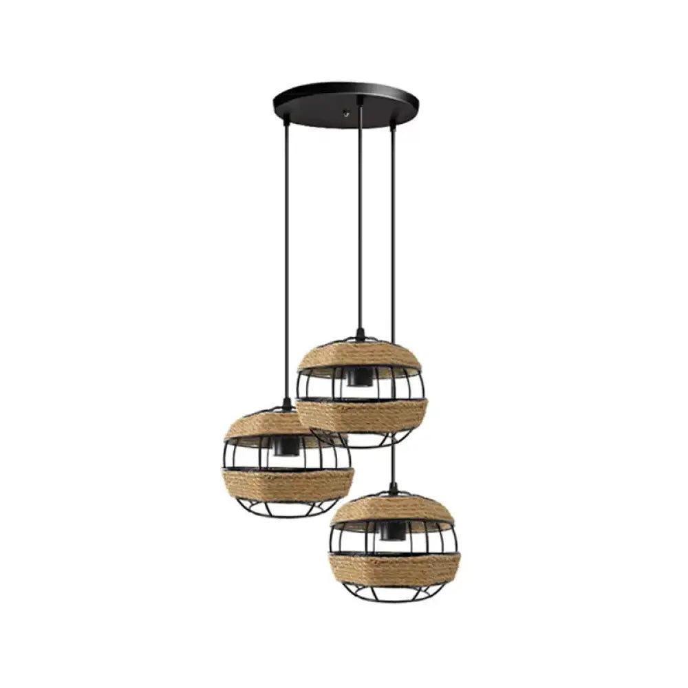 Countryside 3-Light Jute Rope Pendant Lamp For Open Kitchen Brown / Round