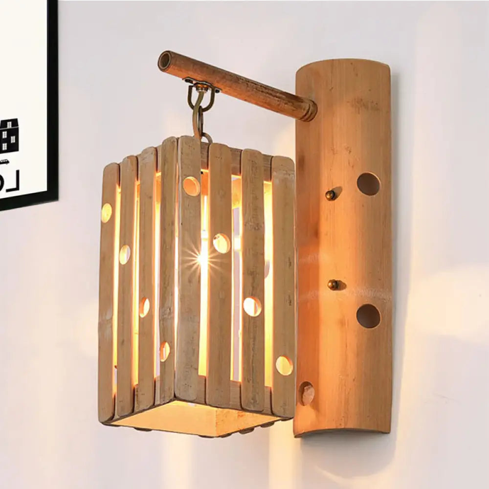 Countryside Bamboo Wood Wall Lamp With Pierced Design - 1-Light Rectangular Lighting For Bedroom