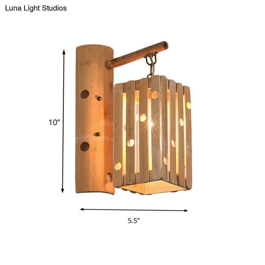 Countryside Bamboo Wood Wall Lamp With Pierced Design - 1-Light Rectangular Lighting For Bedroom