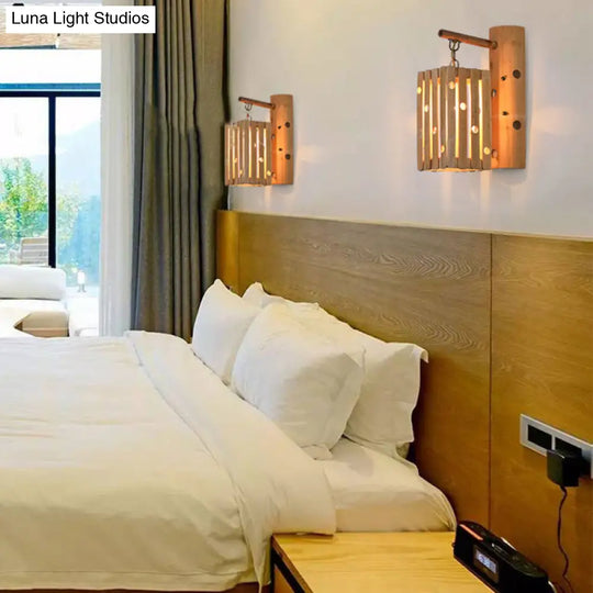 Countryside Bamboo Wood Wall Lamp With Pierced Design - 1-Light Rectangular Lighting For Bedroom