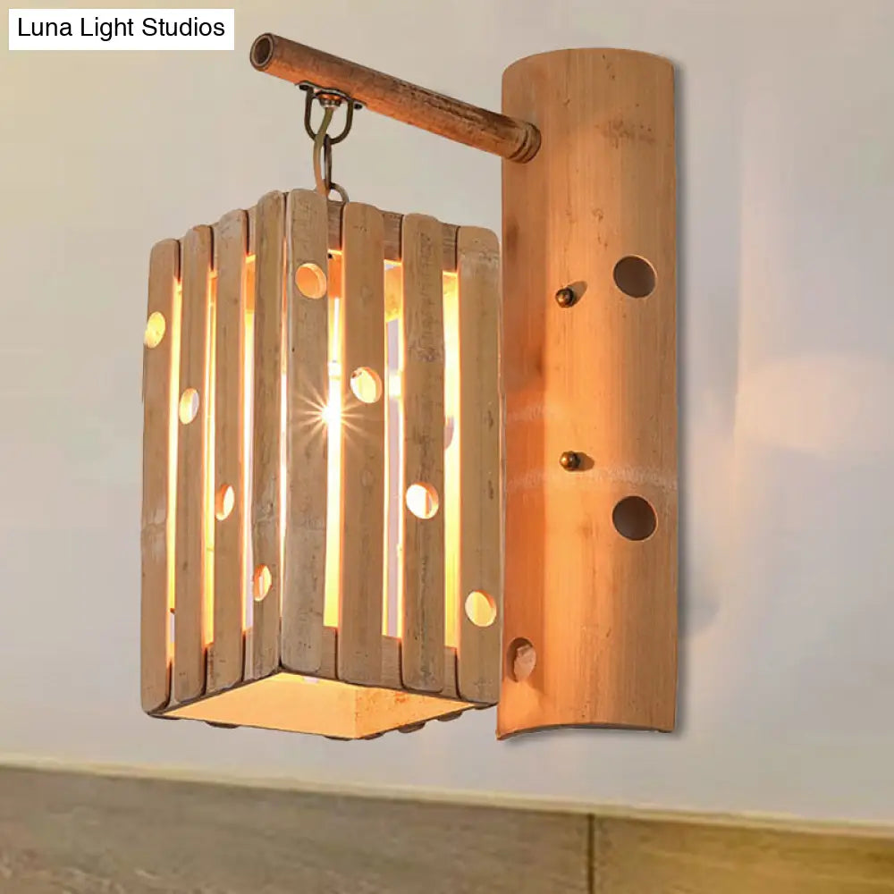 Countryside Bamboo Wood Wall Lamp With Pierced Design - 1-Light Rectangular Lighting For Bedroom