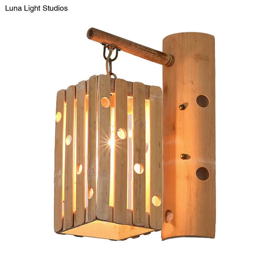 Countryside Bamboo Wood Wall Lamp With Pierced Design - 1-Light Rectangular Lighting For Bedroom