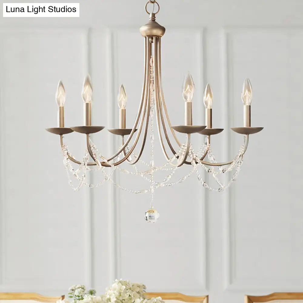 Countryside Bedroom Chandelier: Candle Style Metal Suspension Lighting With Crystal Deco 6-Light