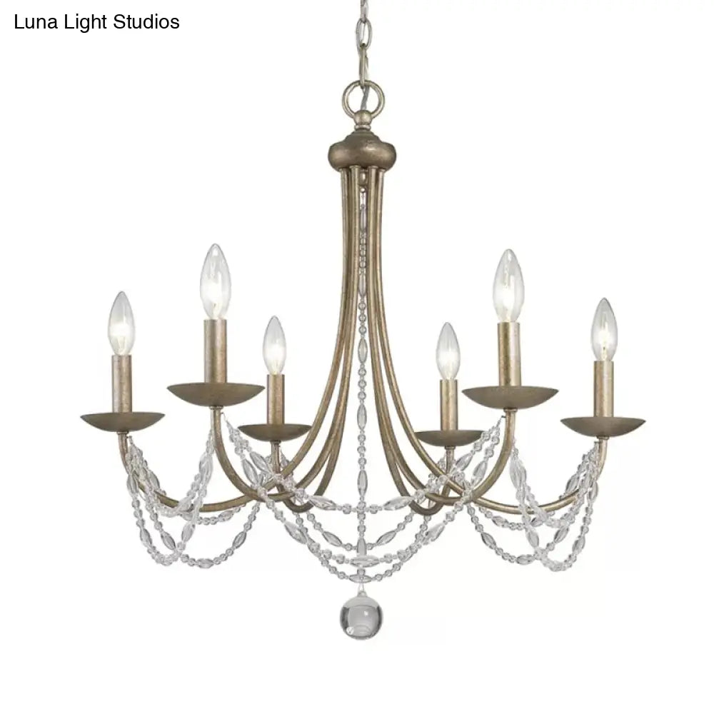 Countryside Bedroom Chandelier: Candle Style Metal Suspension Lighting With Crystal Deco 6-Light