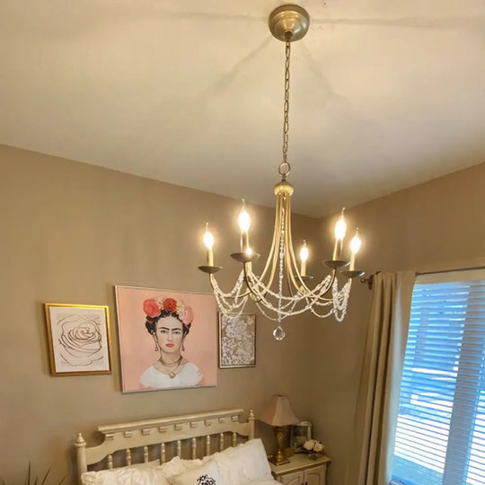 Countryside Bedroom Chandelier: Candle Style Metal Suspension Lighting With Crystal Deco 6-Light