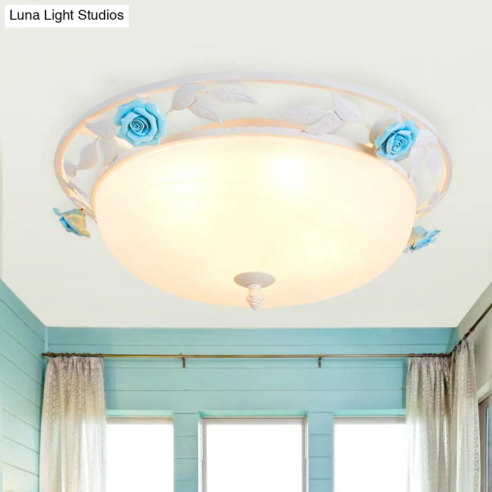 Countryside Bedroom Led Ceiling Flush Mount With White Glass Dome Shade