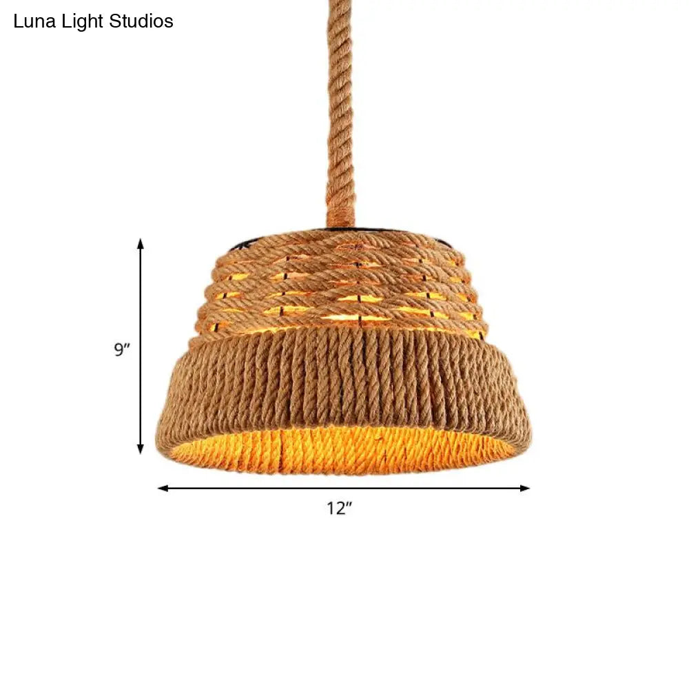 Countryside Beige Cone Pendant Light With Natural Rope For Dining Room