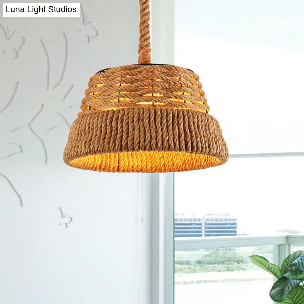 Countryside Beige Cone Pendant Light With Natural Rope For Dining Room