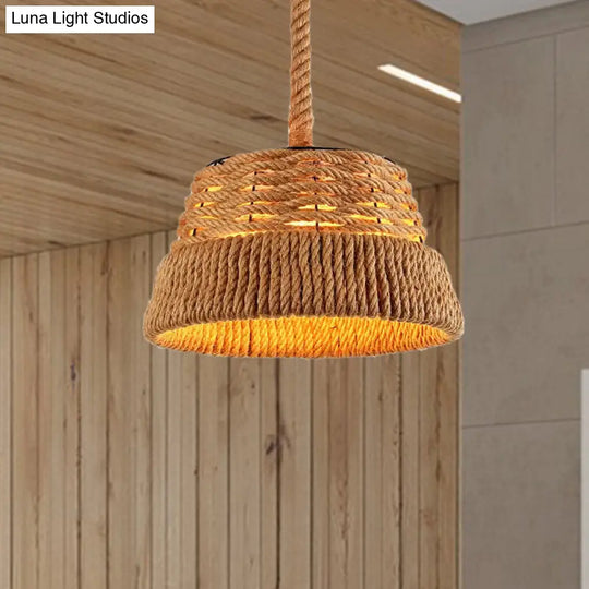 Countryside Beige Cone Pendant Light With Natural Rope Ideal For Dining Room