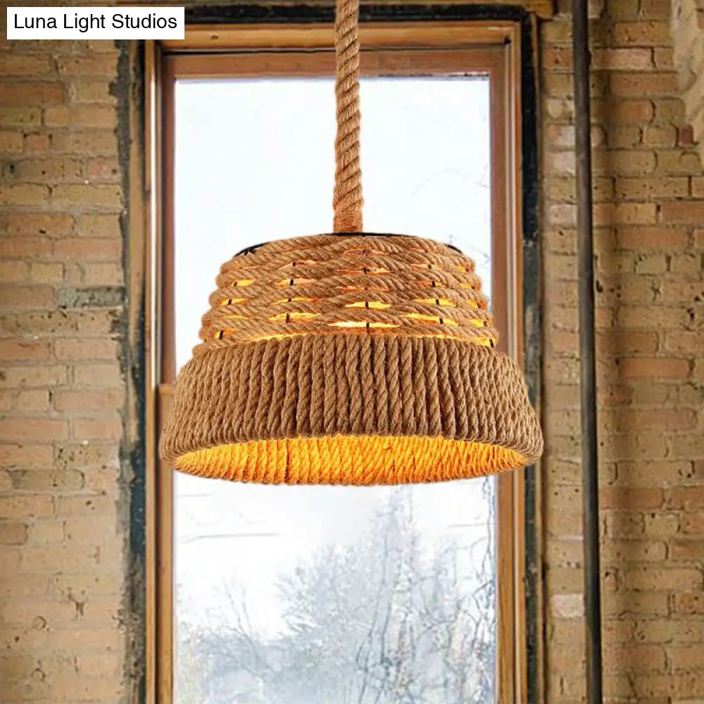 Countryside Beige Cone Pendant Light With Natural Rope For Dining Room