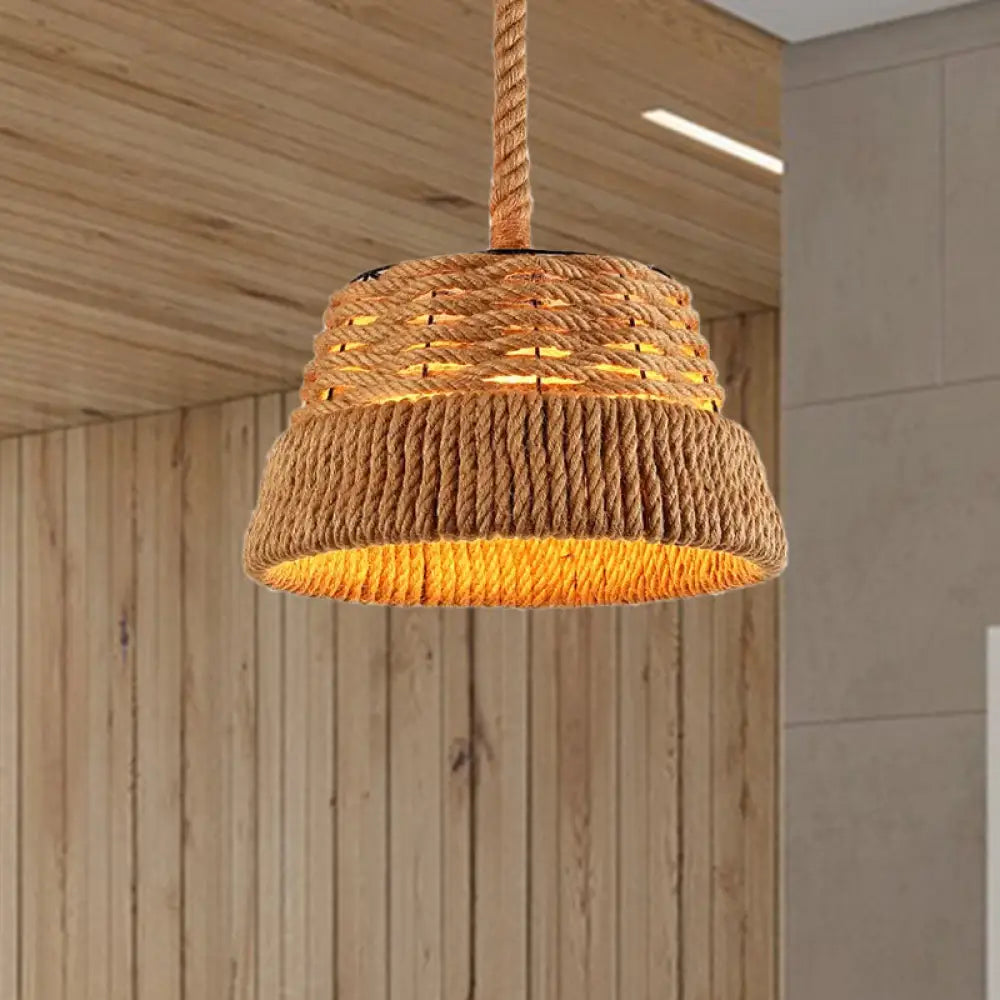 Countryside Beige Cone Pendant Light With Natural Rope For Dining Room
