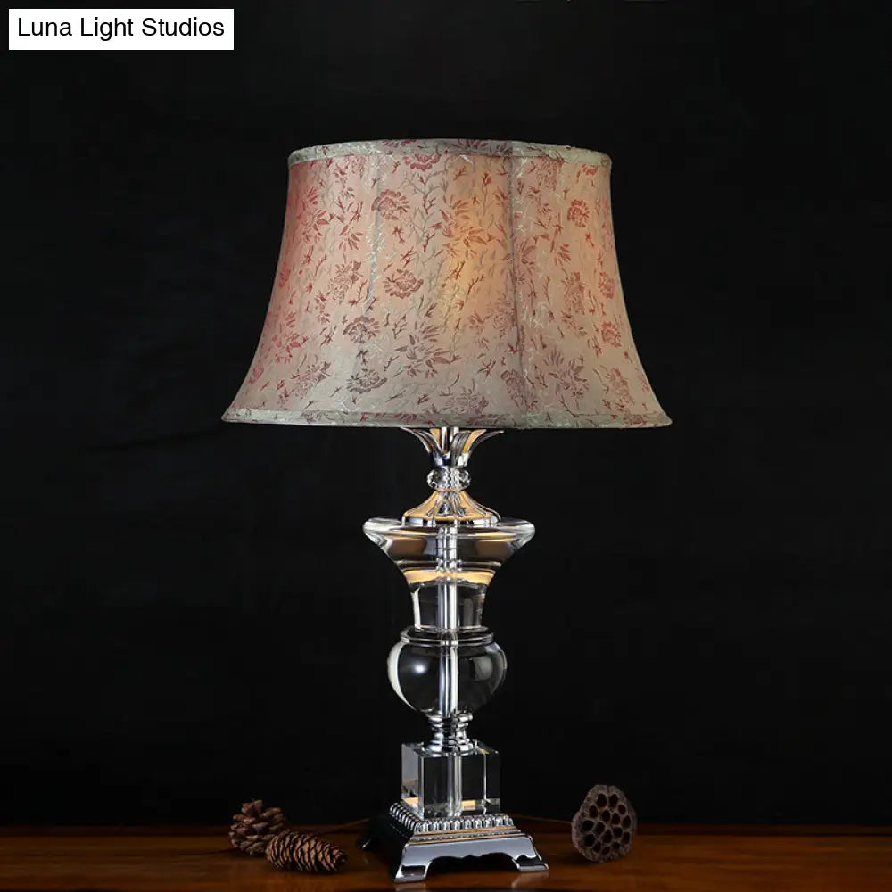 Countryside Beige Fabric Nightstand Lamp With Crystal Base - Cone Table Light (1 Light)