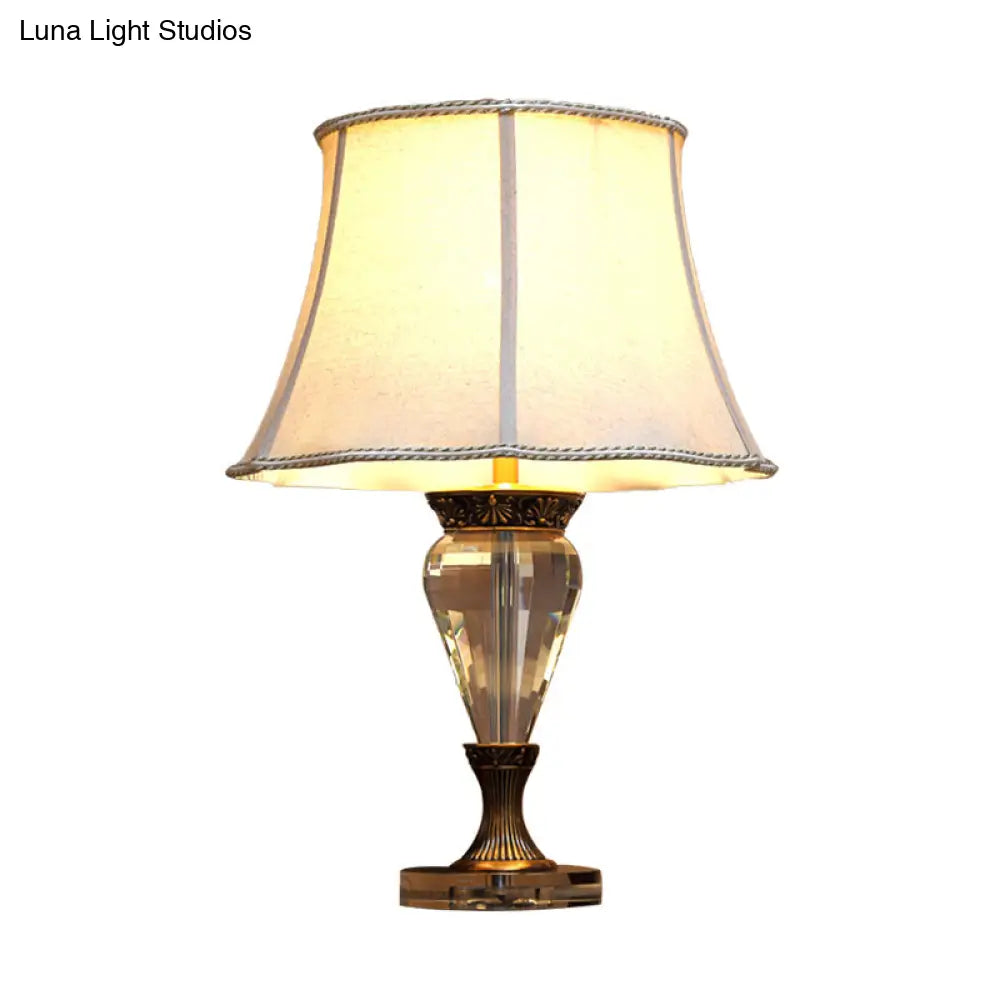 Countryside Beige Fabric Table Lamp With Crystal Accent - 1-Light Bell Nightstand Light