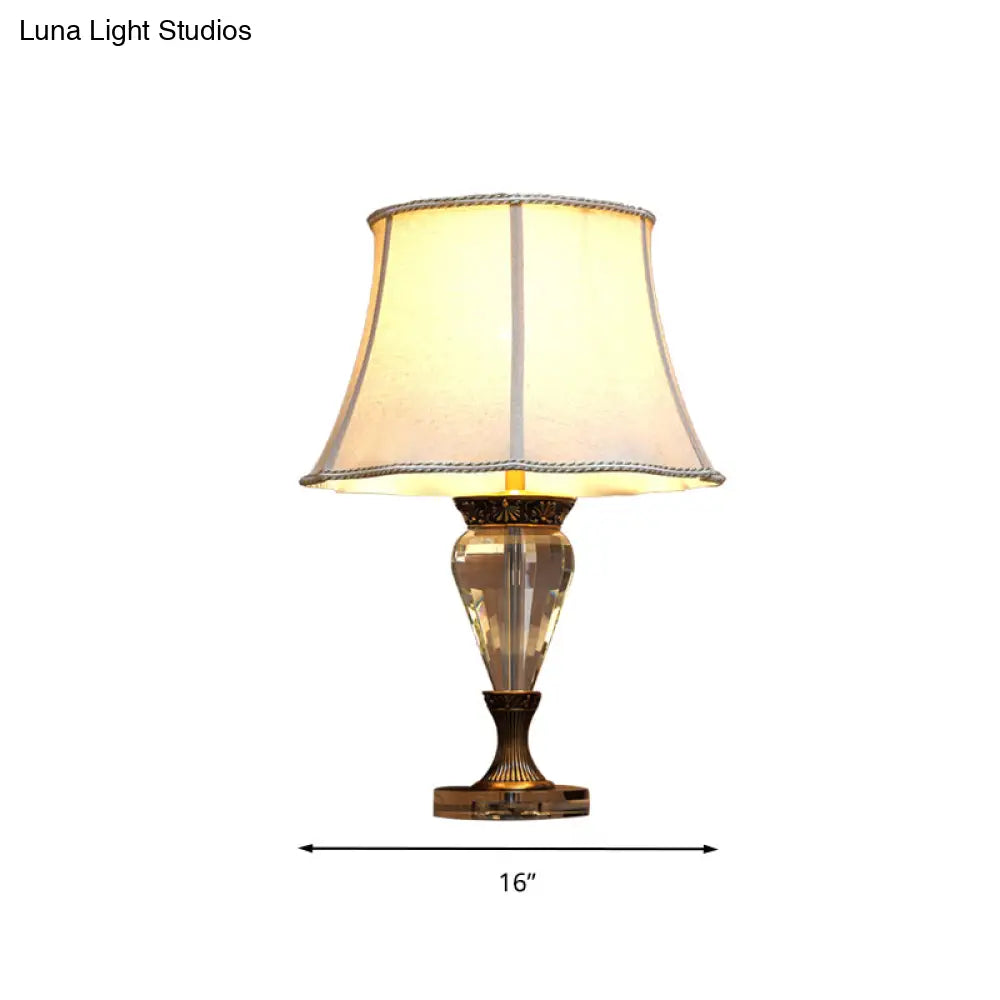 Countryside Beige Fabric Table Lamp With Crystal Accent - 1-Light Bell Nightstand Light