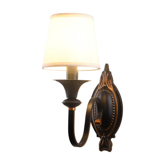 Countryside Black Fabric Sconce Light With Curvy Arm - Cone Shade Wall Lighting Fixture