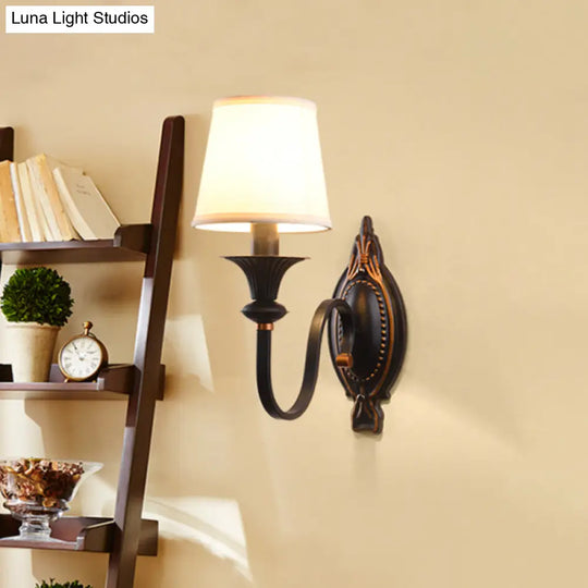 Countryside Black Fabric Sconce Light With Curvy Arm - Cone Shade Wall Lighting Fixture