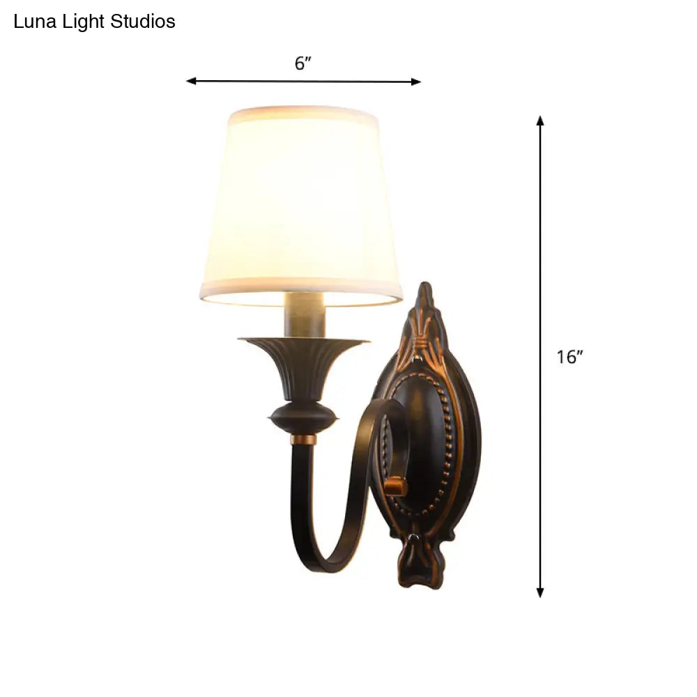 Countryside Black Fabric Sconce Light With Curvy Arm - Cone Shade Wall Lighting Fixture