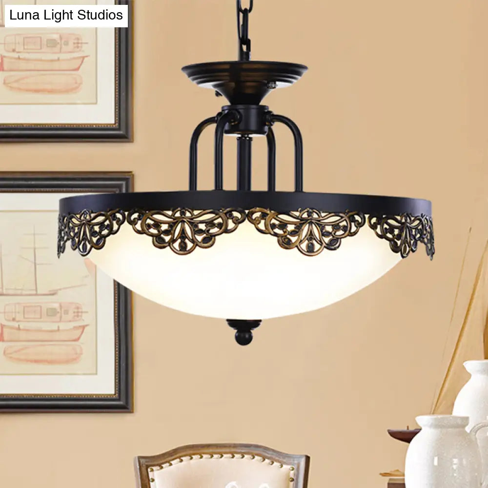 Countryside Black Finish Hanging Chandelier With Opal Glass Dome - 2 Bulbs Pendant Light Fixture