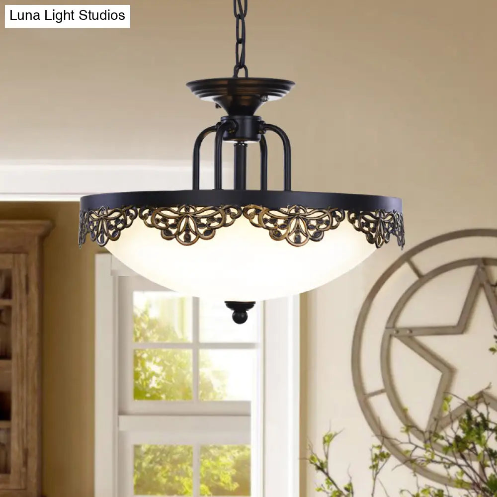 Countryside Black Finish Hanging Chandelier With Opal Glass Dome - 2 Bulbs Pendant Light Fixture