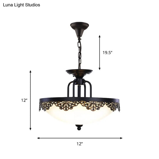 Countryside Black Finish Hanging Chandelier With Opal Glass Dome - 2 Bulbs Pendant Light Fixture