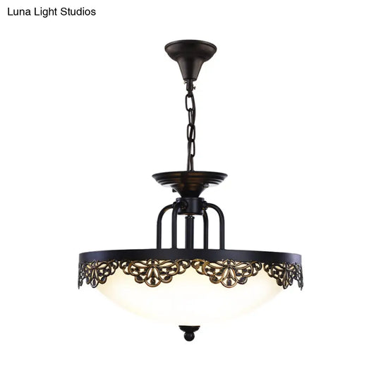 Countryside Black Finish Hanging Chandelier With Opal Glass Dome - 2 Bulbs Pendant Light Fixture