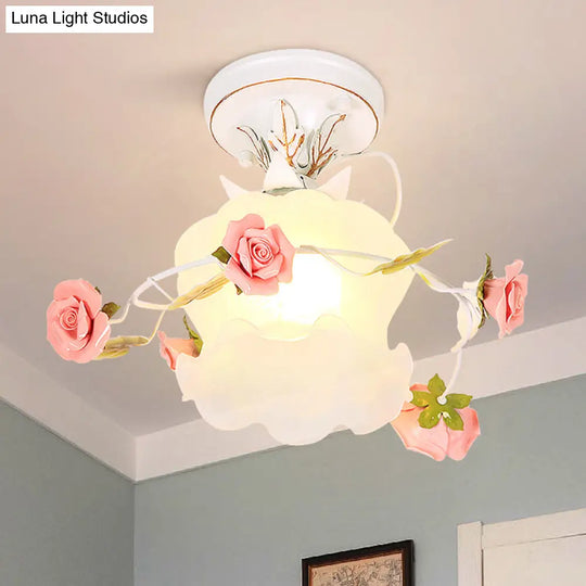 Countryside Bloom 1 - Light Metal Ceiling Flush Mount In White For Foyer