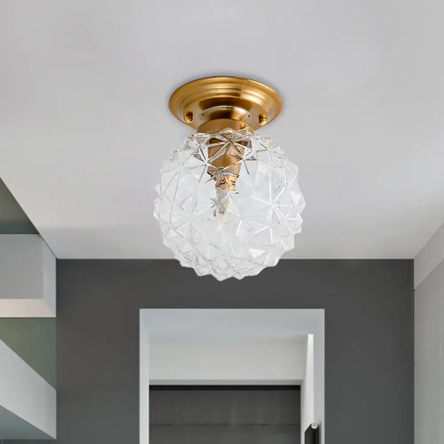 Countryside Blue/Clear/Smoke Gray Prismatic Glass Pine Cone Hallway Ceiling Lamp - Brass Flush
