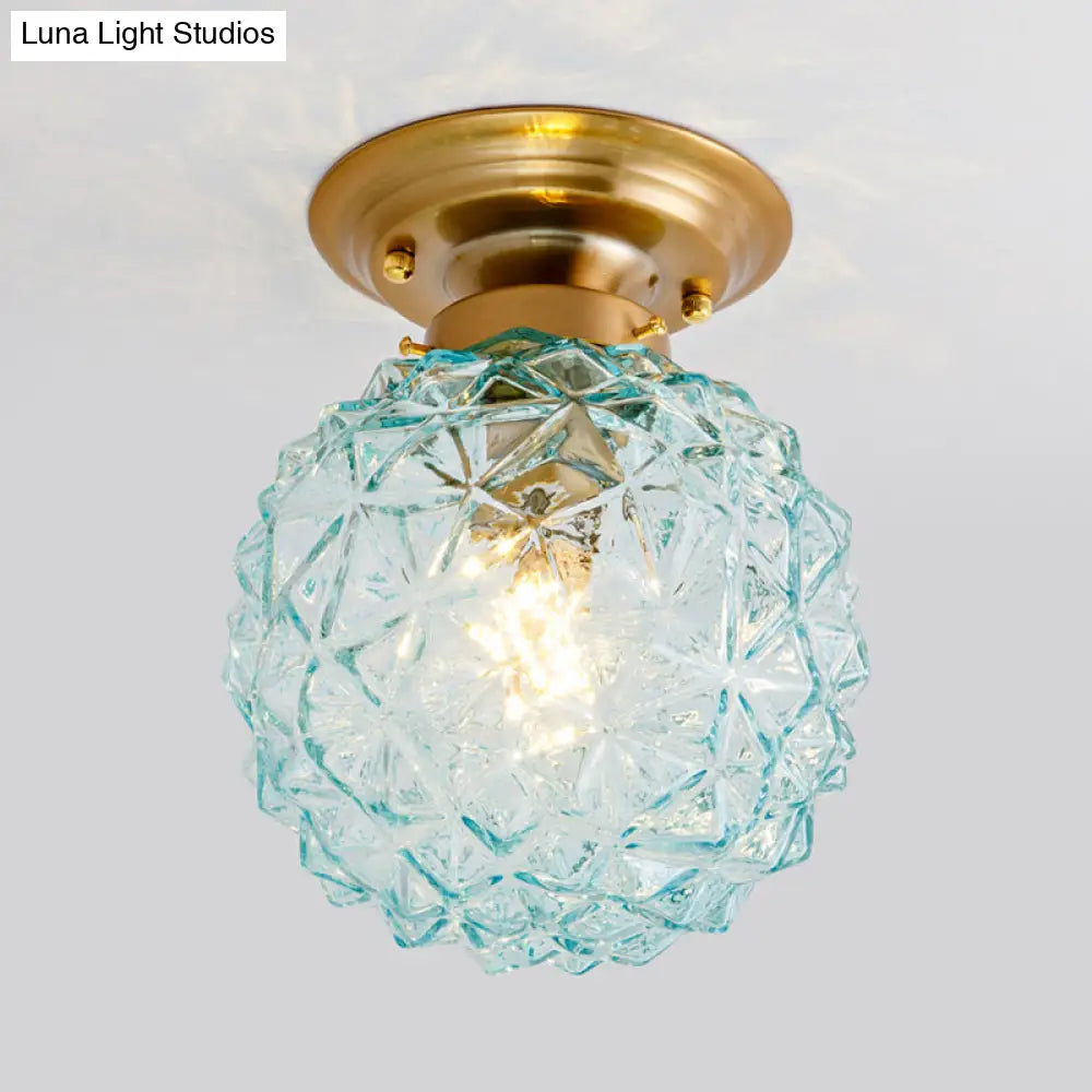 Countryside Blue/Clear/Smoke Gray Prismatic Glass Pine Cone Hallway Ceiling Lamp - Brass Flush