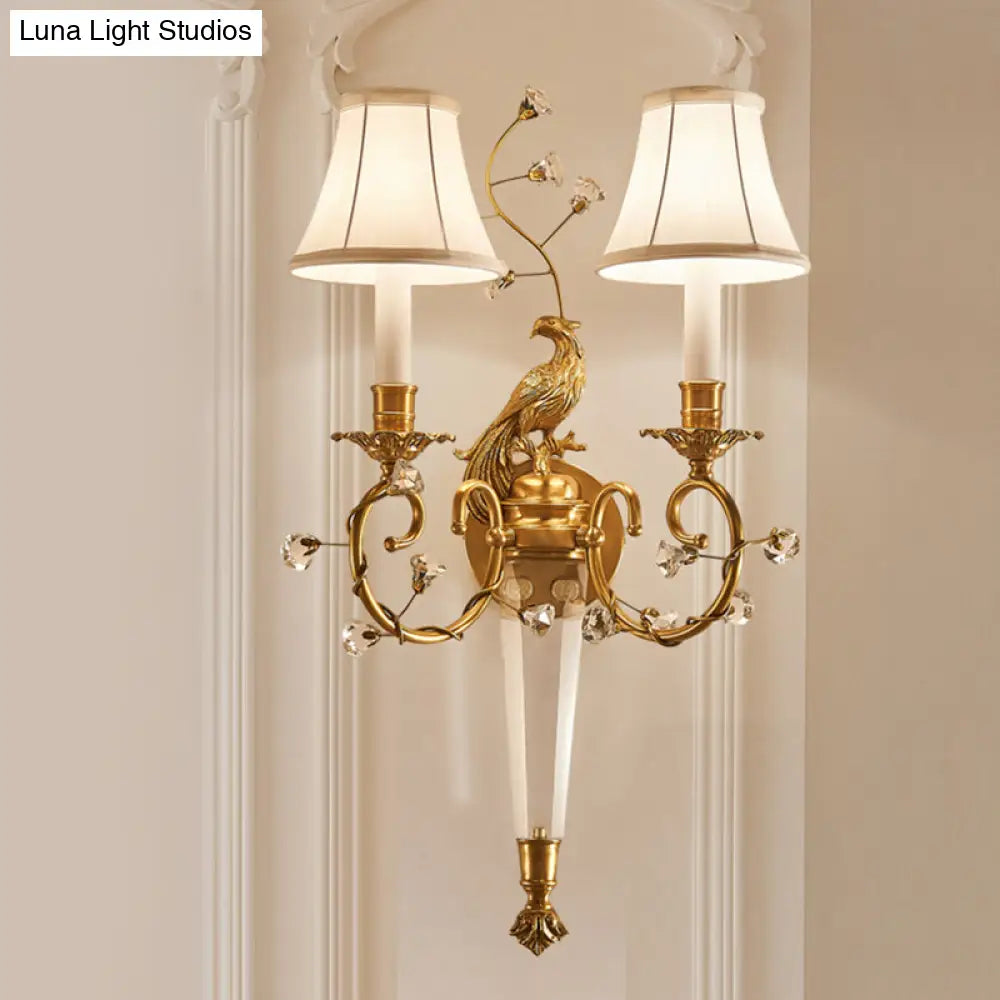 Countryside Brass Fabric Sconce Wall Light For Bedroom With Curved Arm - Set Of 2