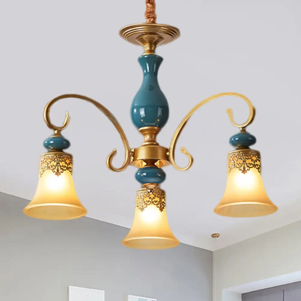 Countryside Brass Suspension Pendant Chandelier With Bell Milk Glass Shade - 3/5/6-Bulb Swooping Arm