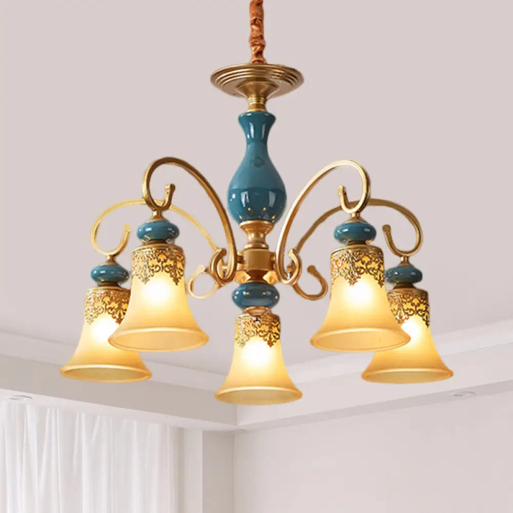 Countryside Brass Suspension Pendant Chandelier With Bell Milk Glass Shade - 3/5/6-Bulb Swooping Arm