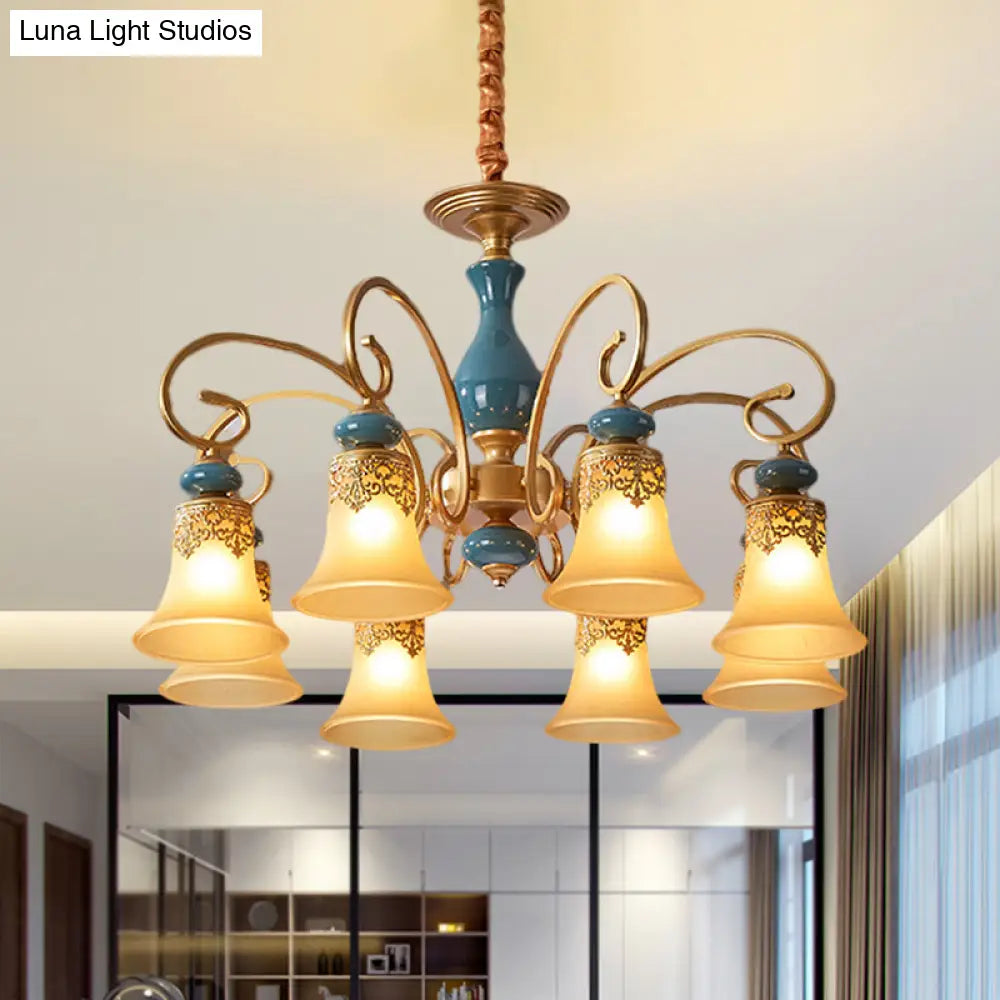 Countryside Brass Suspension Pendant Chandelier With Bell Milk Glass Shade - 3/5/6-Bulb Swooping Arm