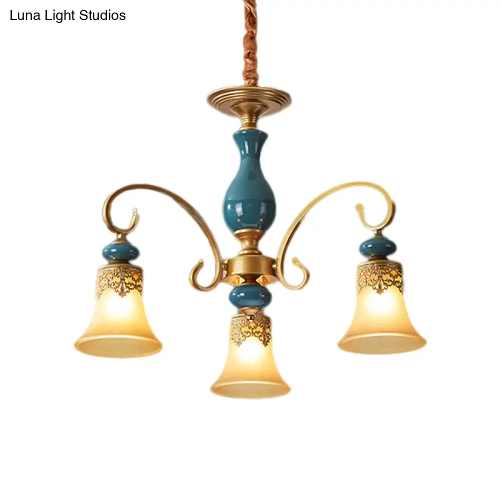 Countryside Brass Suspension Pendant Chandelier With Bell Milk Glass Shade - 3/5/6-Bulb Swooping Arm