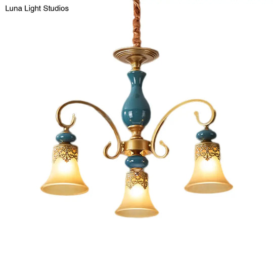 Countryside Brass Suspension Pendant Chandelier With Bell Milk Glass Shade - 3/5/6-Bulb Swooping Arm