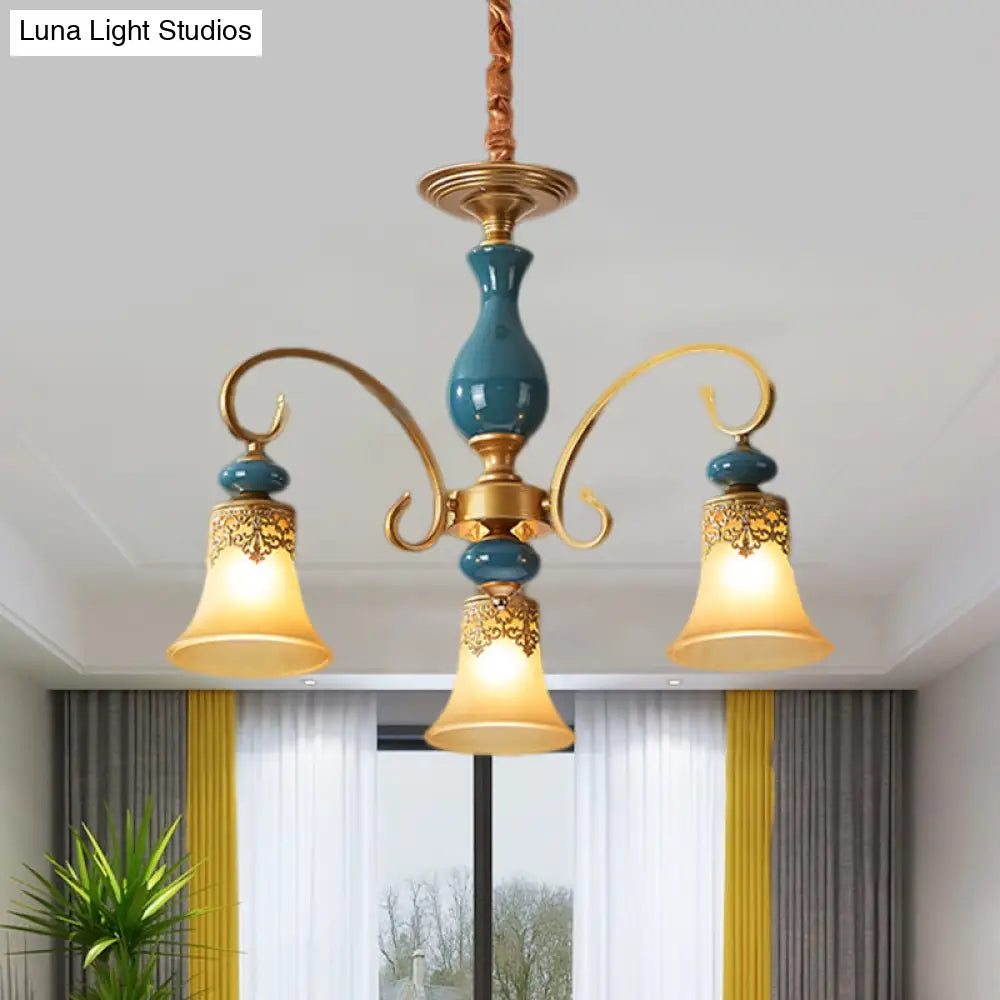 Countryside Brass Suspension Pendant Chandelier With Bell Milk Glass Shade - 3/5/6-Bulb Swooping Arm