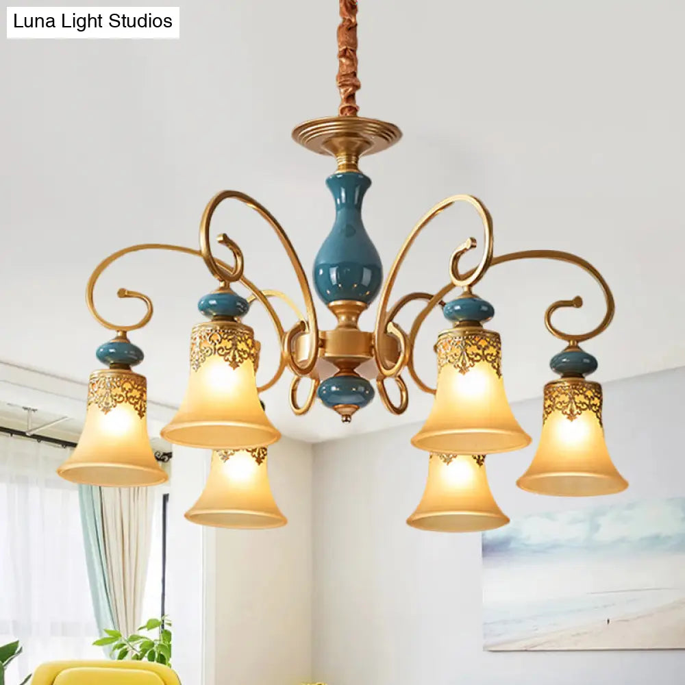 Countryside Brass Suspension Pendant Chandelier With Bell Milk Glass Shade - 3/5/6-Bulb Swooping Arm